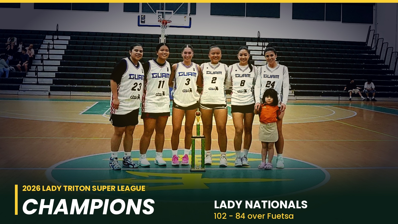 Lady Nationals celebrate with the Lady Triton Super League championship trophy at the UOG Calvo Field House. Left to right: Joylyn Pangelinan (#23), Lana Quinata (#11), Elysia Perez (#3), Amanda Uncangco (#2), Derin Stinnet (#8) and Bri Benito (#24).